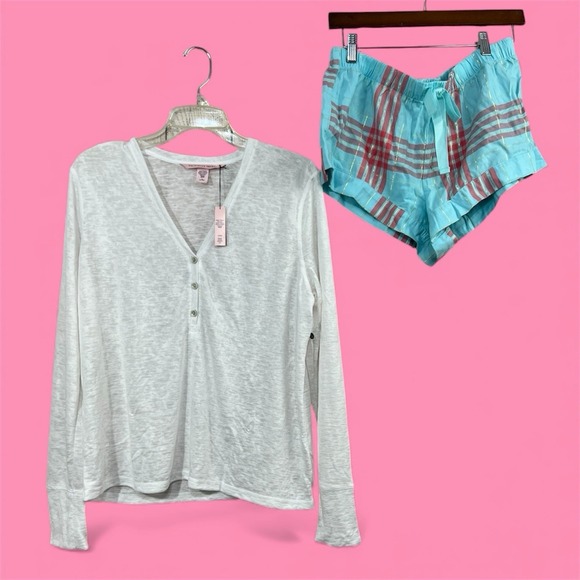 Victoria's Secret Other - Victorias Secret 2pc Pajama Sz M  White‎ Henley Sleep Shirt Plaid Shorts Lounge